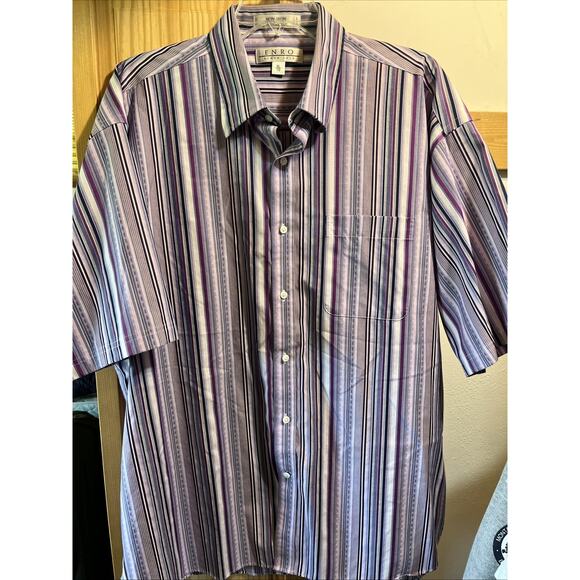 ENRO Vintage Men’s XL Purple Striped Short Sleeve Button Down Cotton Shirt - Picture 2 of 11